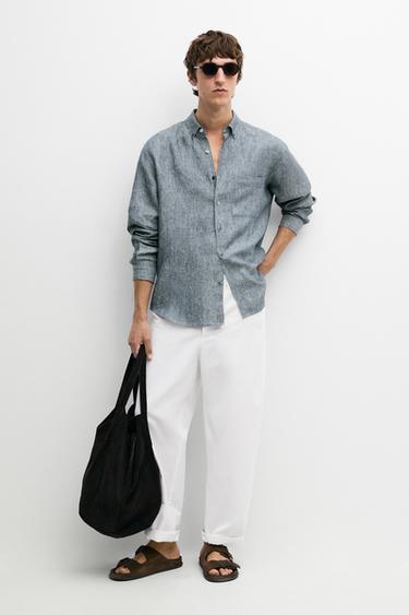 Zara Regular fit melange twill 100% linen shirt - Navy blue - Image 0