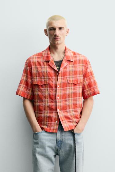 KEMEJA RELAXED FIT KOTAK-KOTAK - Jingga dari Zara
