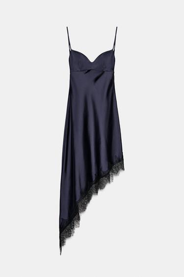 ROBE SATINÉE ASYMÉTRIQUE DENTELLE - Bleu marine de Zara - Image 4