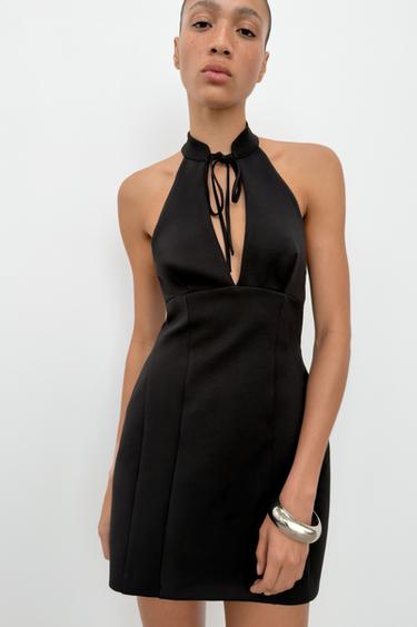 Zara VOLUMINOUS HALTER MINI DRESS - Black