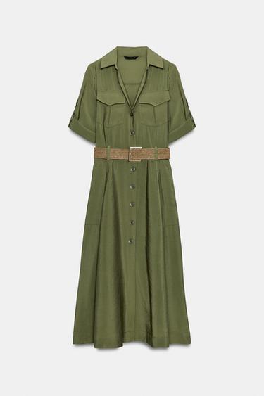 ROBE MI-LONGUE CHEMISE AVEC CEINTURE - Kaki de Zara - Image 7