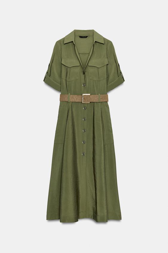 ROBE MI-LONGUE CHEMISE AVEC CEINTURE - Kaki de Zara - Image 7