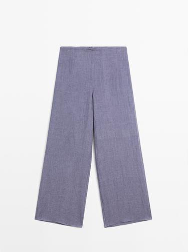 Pantalón tiro alto 100% lino - Azul de Zara