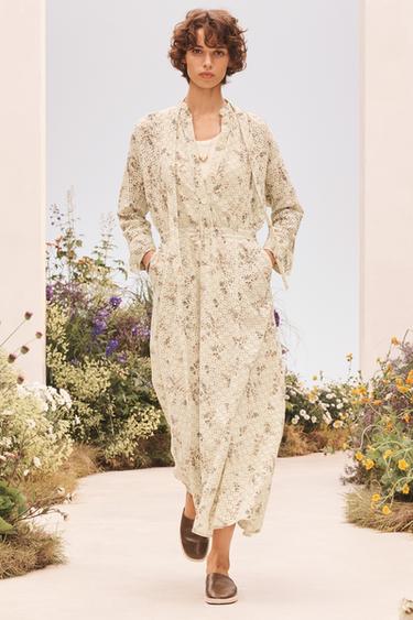 green long sleeve dress zara Floral Print Viscose Maxi Matching fabric belt Women's Green Dresses | ZARA