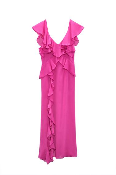 RUFFLED MIDI SLIP DRESS