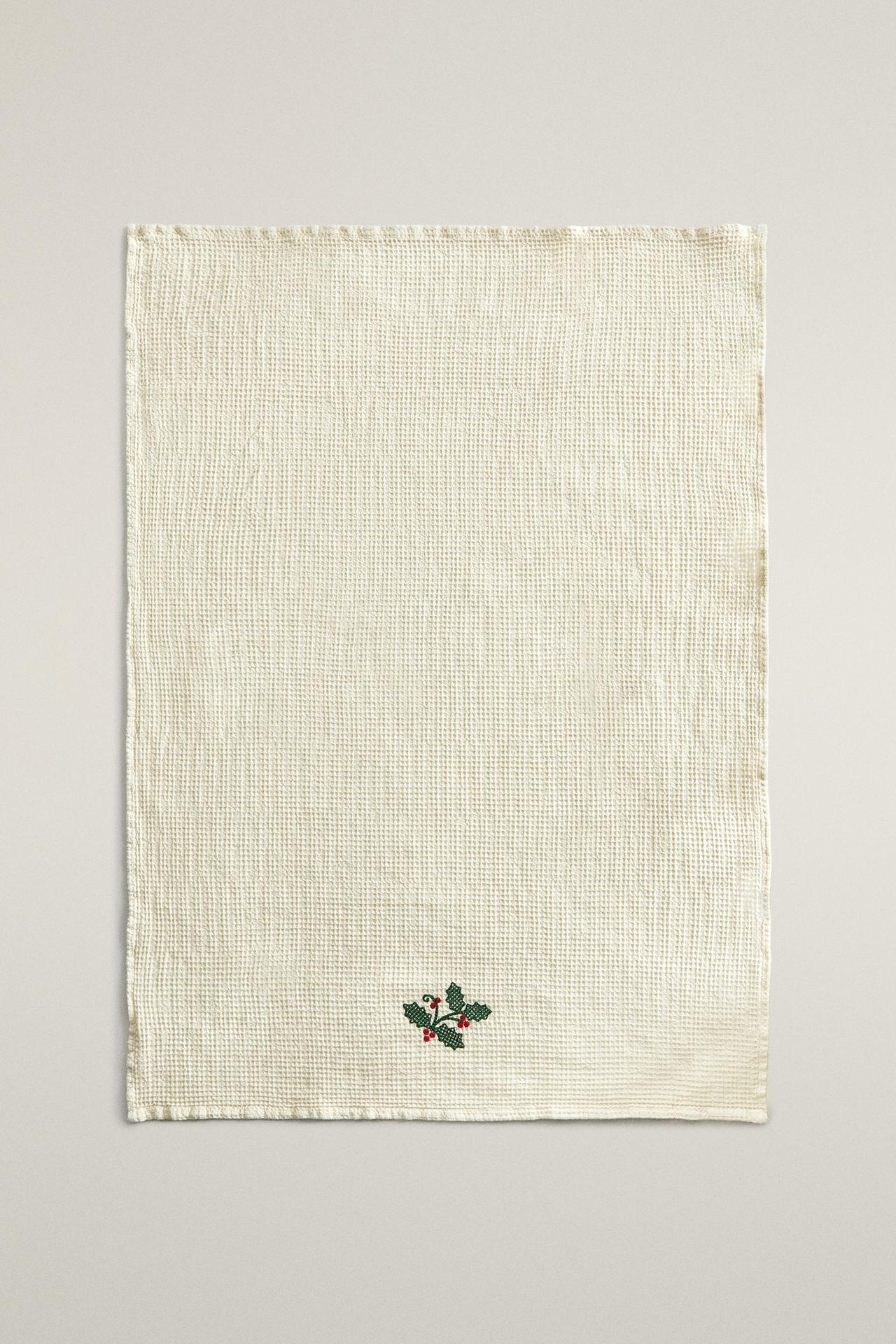 WAFFLE EMBROIDERED CHRISTMAS KITCHEN TOWEL — Green