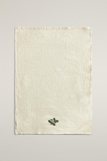 WAFFLE EMBROIDERED CHRISTMAS KITCHEN TOWEL — Green 2
