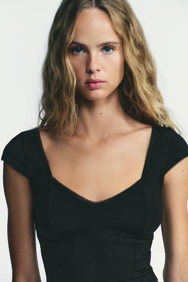 LYOCELL LACE TRIM TOP - Black by Zara