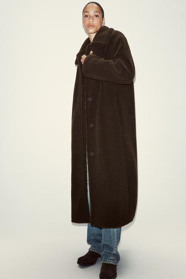 Zara FLEECE COAT - Dark brown