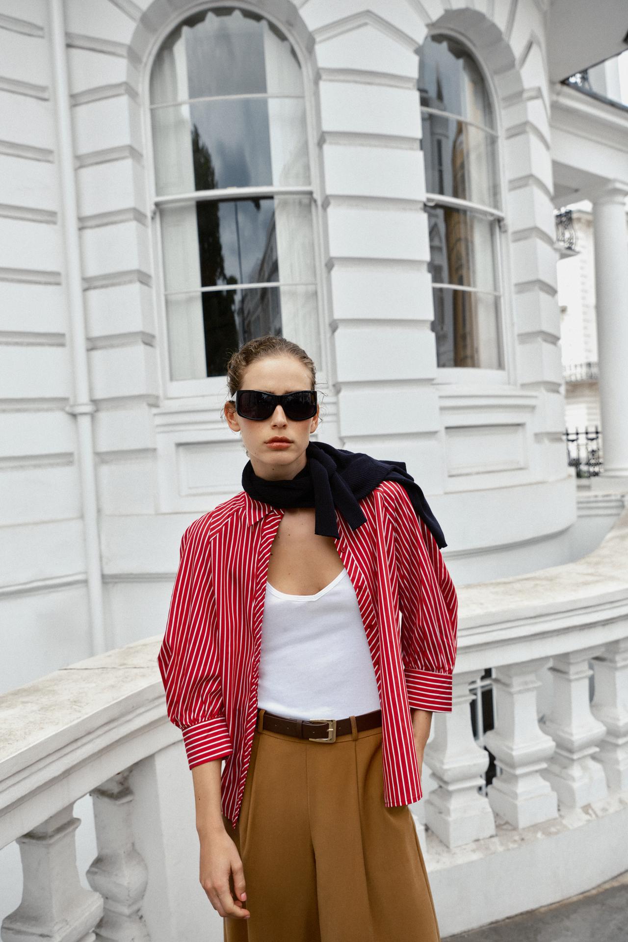 STRIPED PUFF SLEEVE SHIRT — Red / White