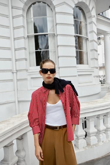 STRIPED PUFF SLEEVE SHIRT - Red / White by Zara