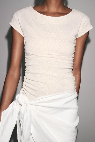 T-SHIRT WITH SIDE DRAPE - Ecru by Zara - Image 3