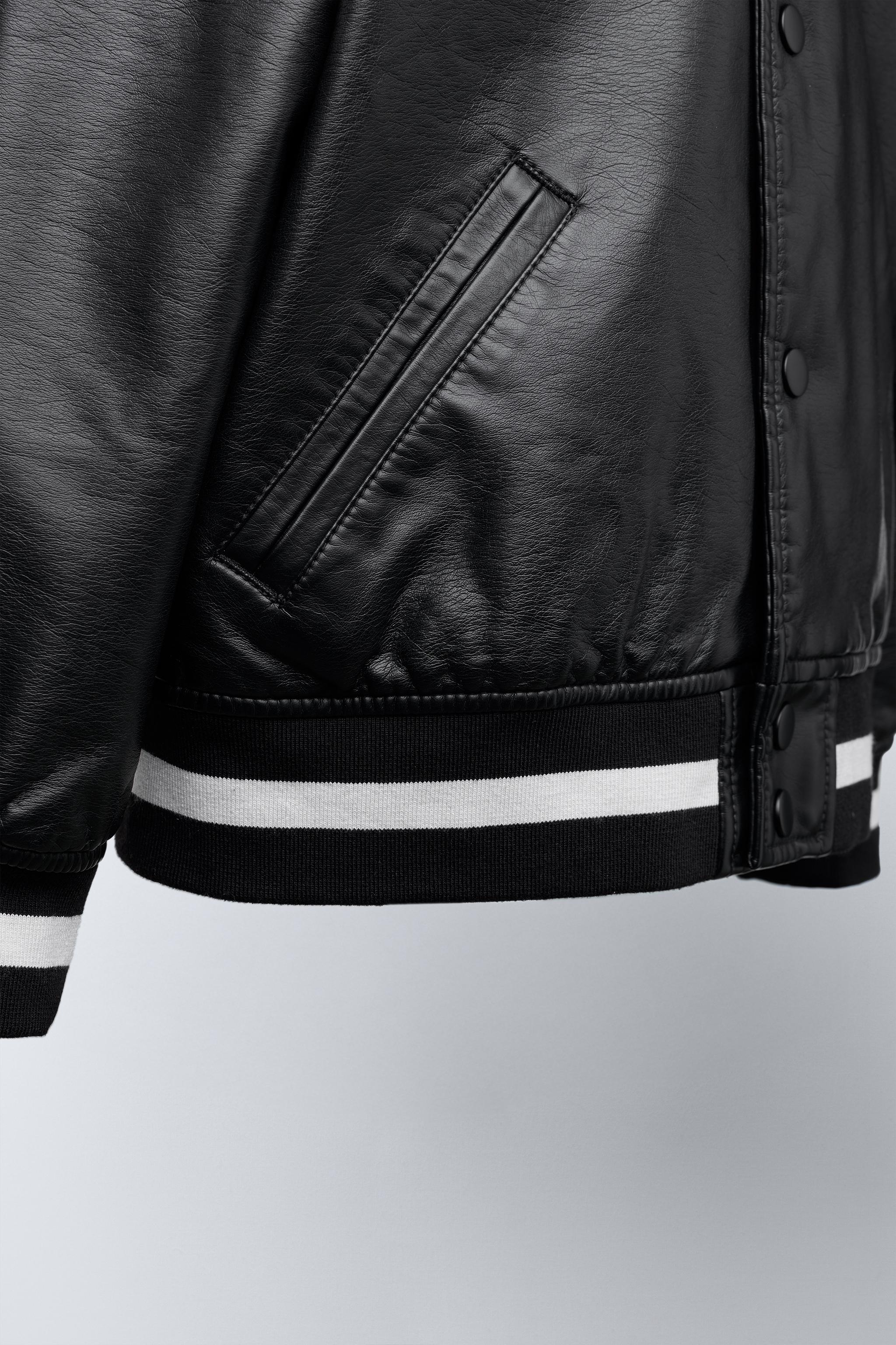 FAUX LEATHER BOMBER JACKET WITH EMBROIDERED TEXT