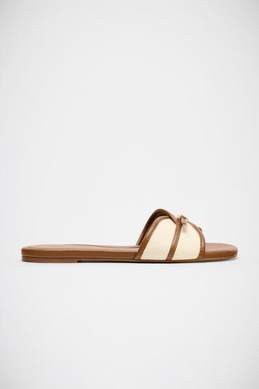 Zara FLAT CANVAS SANDALS WITH BUCKLE - Dark tan