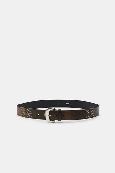 100% LEATHER STUDDED BELT - Brown by Zara