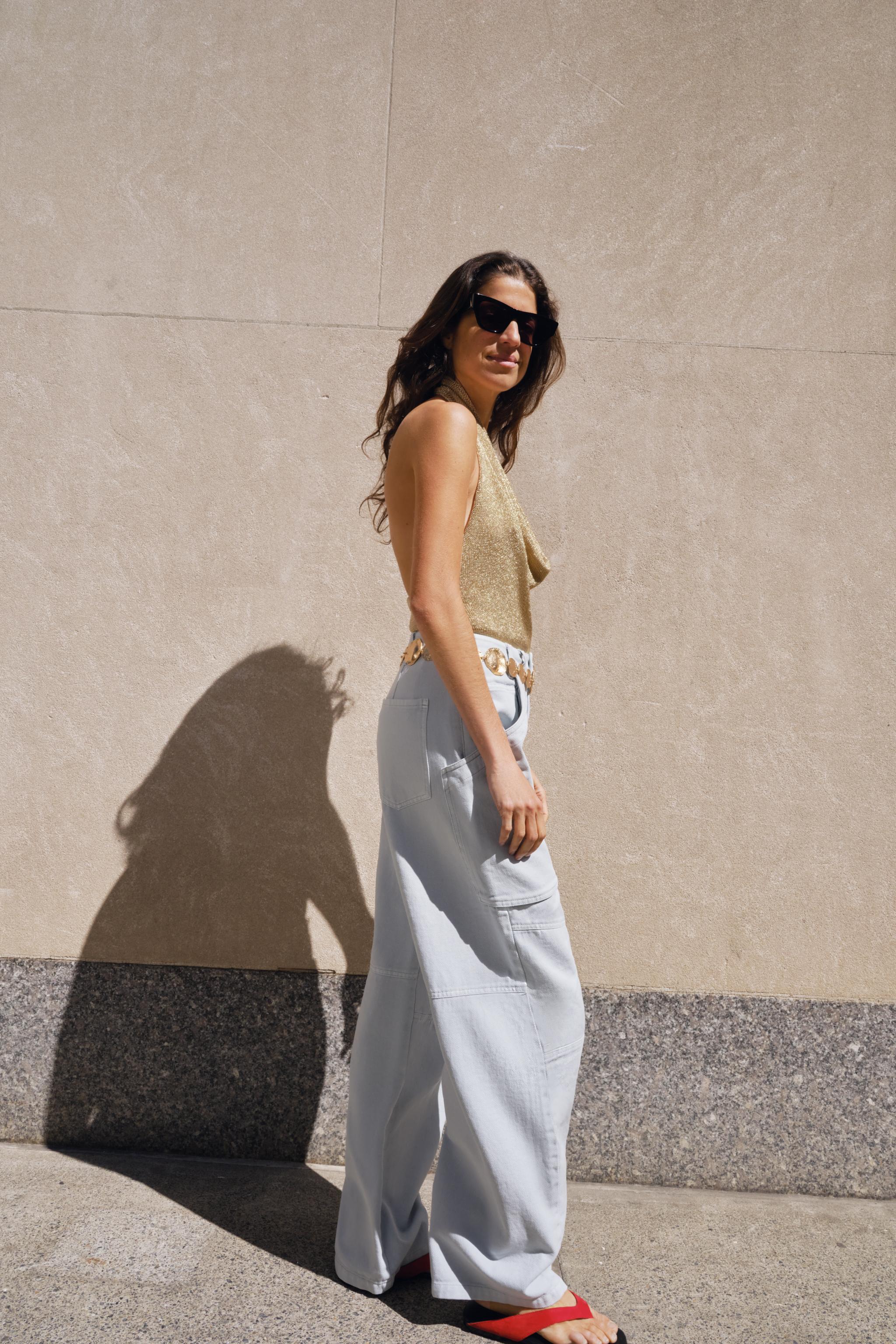 METALLIC THREAD HALTER KNIT TOP