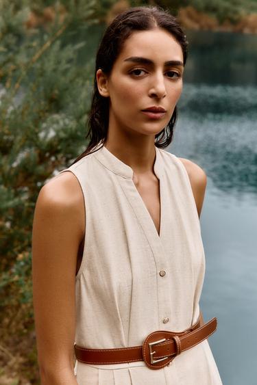 ROBE MIDI AVEC CEINTURE EN LIN - Beige clair de Zara - Image 3