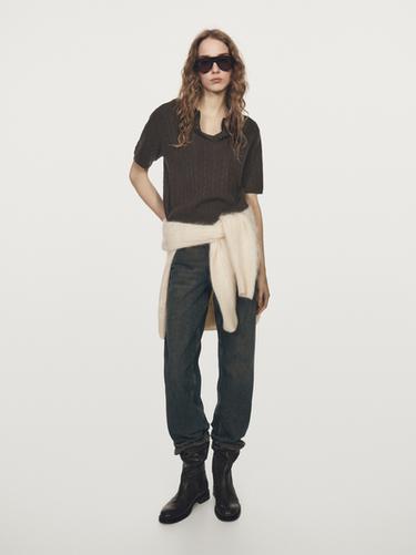 Polo en maille tressée à manches courtes - Chocolat de Zara - Image 0