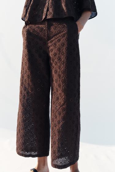 بنطلون كولوت بتطريزات مثقوبة - بني الخاص بـ Zara