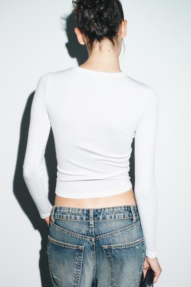 T-SHIRT À MANCHES LONGUES - Blanc de Zara - Image 2