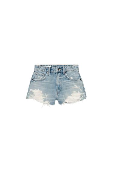 TRF HIGH-WAIST RIPPED DENIM SHORTS - Blue by Zara