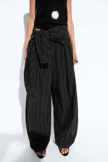 Striped barrel fit pants with scarf detail — Black 2