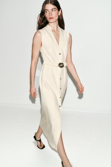 ROBE MI-LONGUE AVEC CEINTURE - Écru de Zara - Image 2