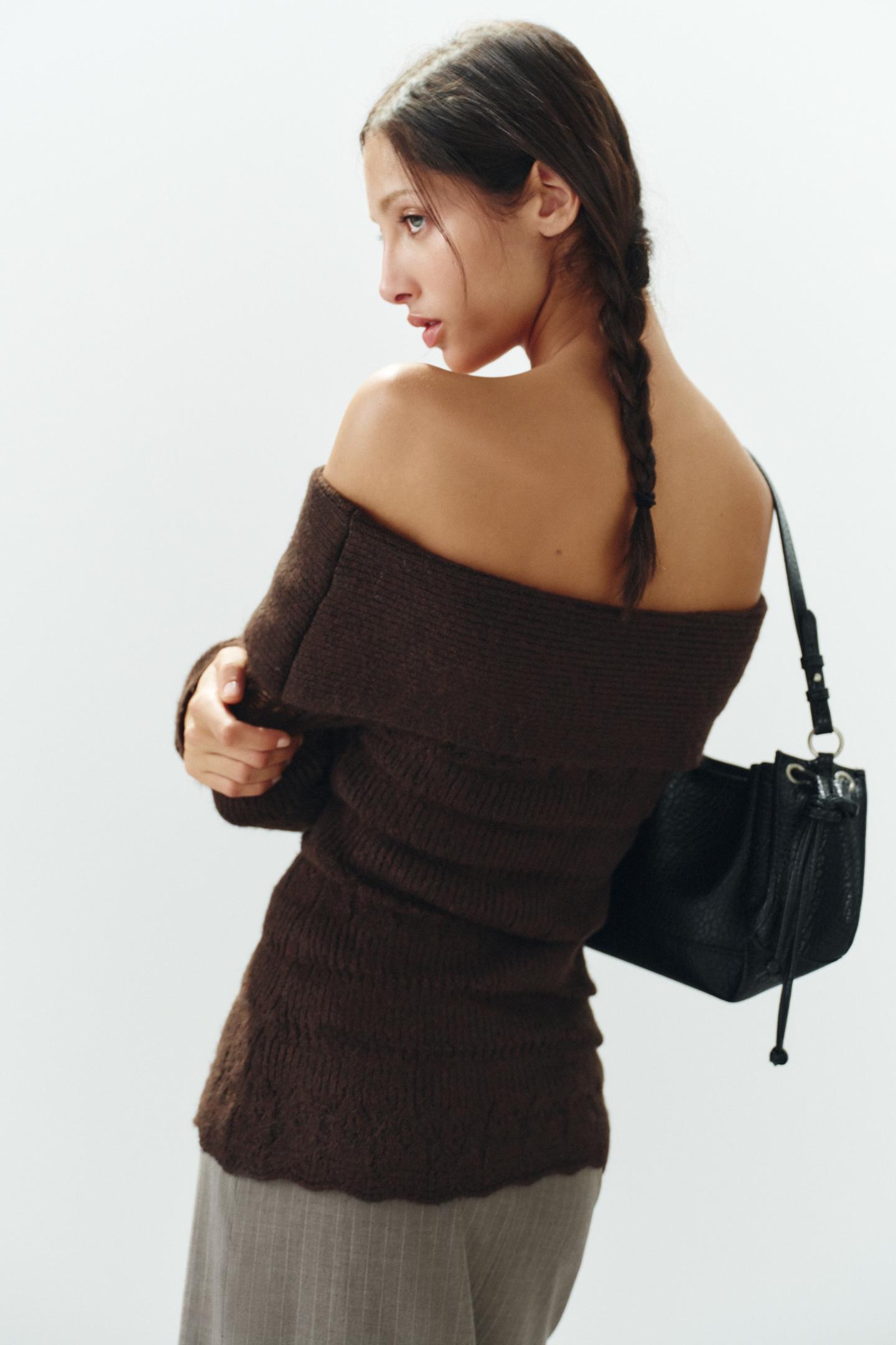 Женский свитер Zara Off-The-Shoulder Openwork Jumper, цвет: Шоколадный — фото 5