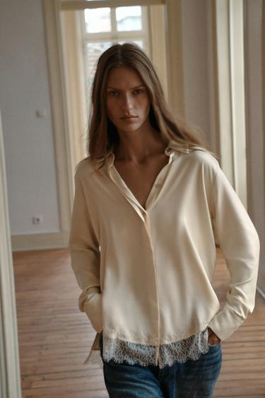 Zara LACE SATIN EFFECT SHIRT - Ecru