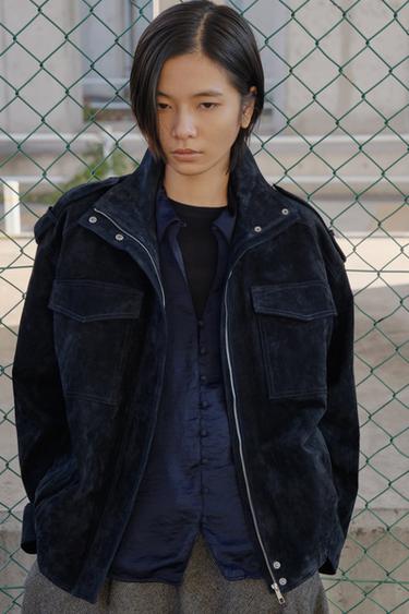 100% レザー スエード ポケットジャケットブルーZaraの100% レザー スエード ポケットジャケット - ブルー 