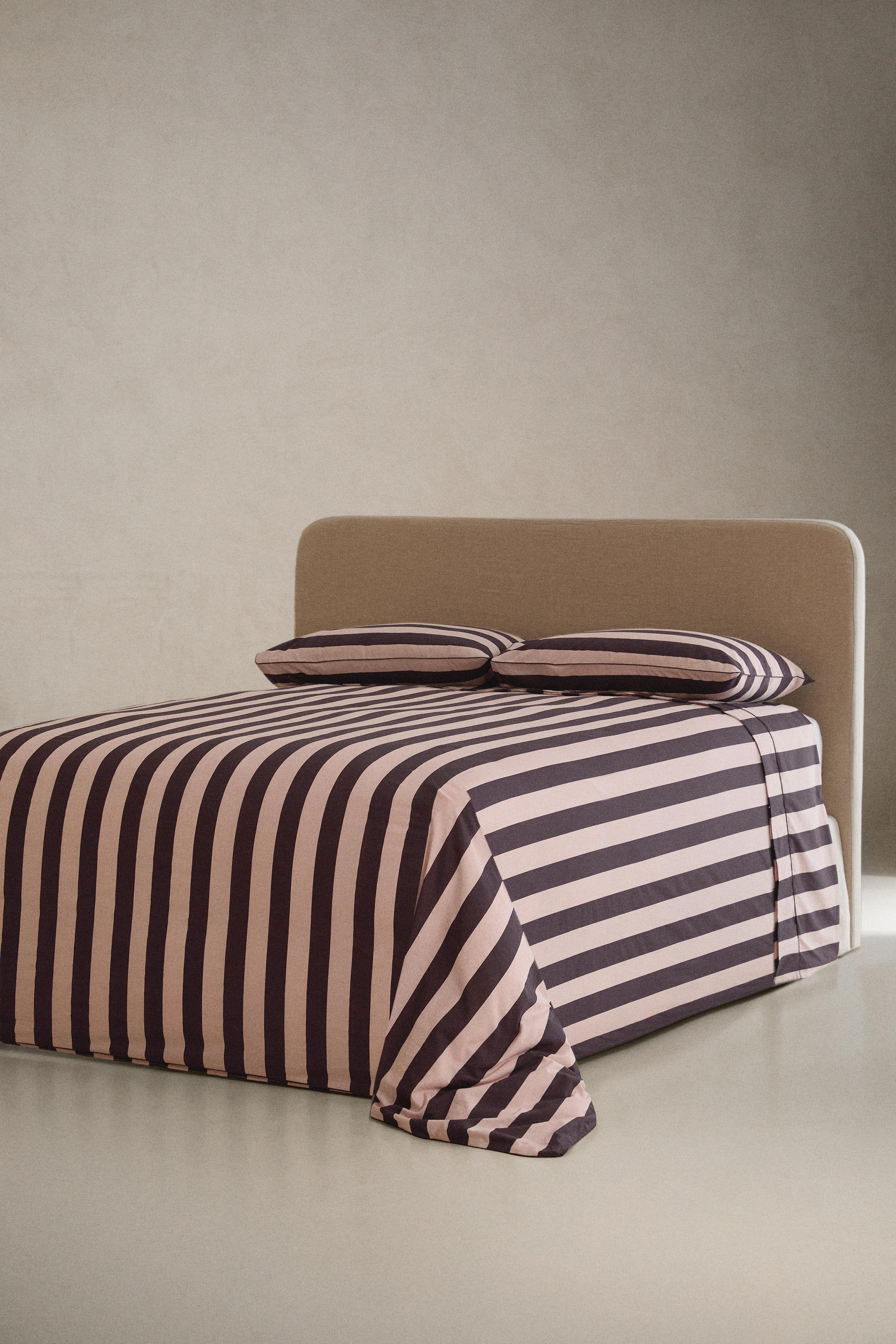 FADED STRIPED COTTON FLAT SHEET — Pink