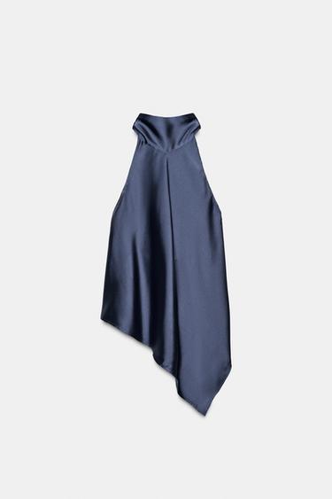 Zara SATIN HALTER TOP - Deep blue