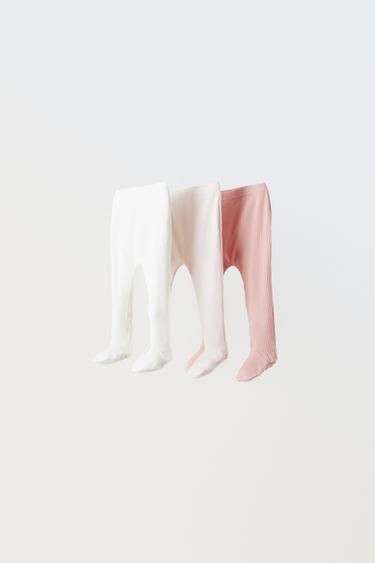 0-9 MONTHS/ THREE PACK OF RIBBED FOOTED LEGGINGS - Tans