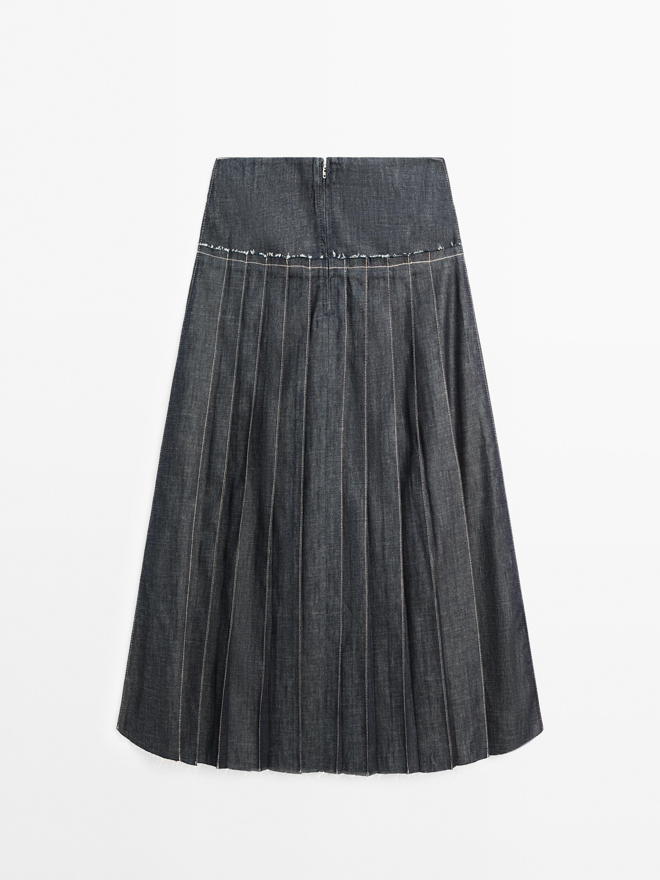 Denim midi skirt with box pleats
