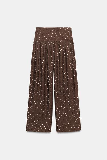 Zara POLKA DOT WIDE LEG PANTS - Brown / Ecru