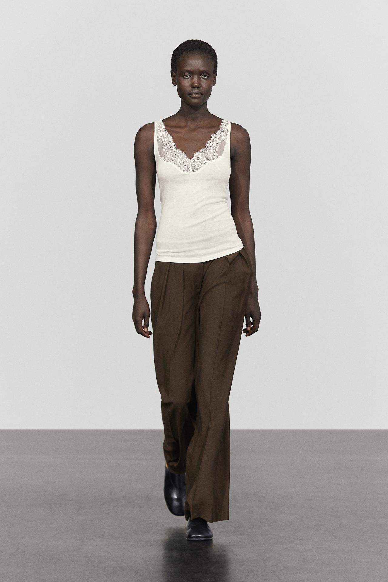 Strappy lace-trimmed camisole top — Ecru
