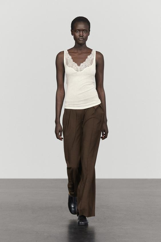 Zara Strappy lace-trimmed camisole top - Ecru - Image 0