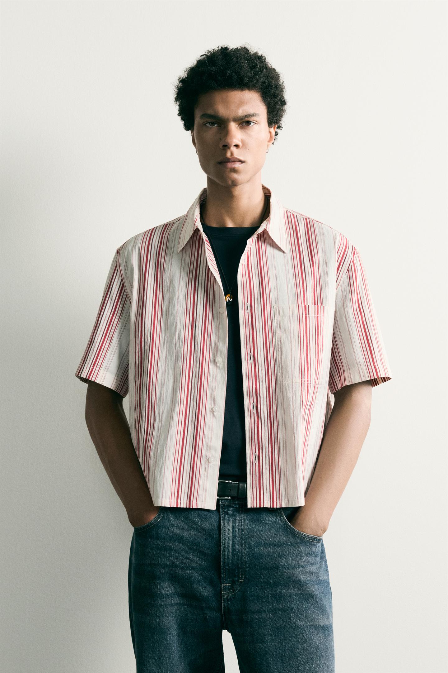 Мужская рубашка Zara Striped Boxy Fit, цвет: Розовый — фото 2