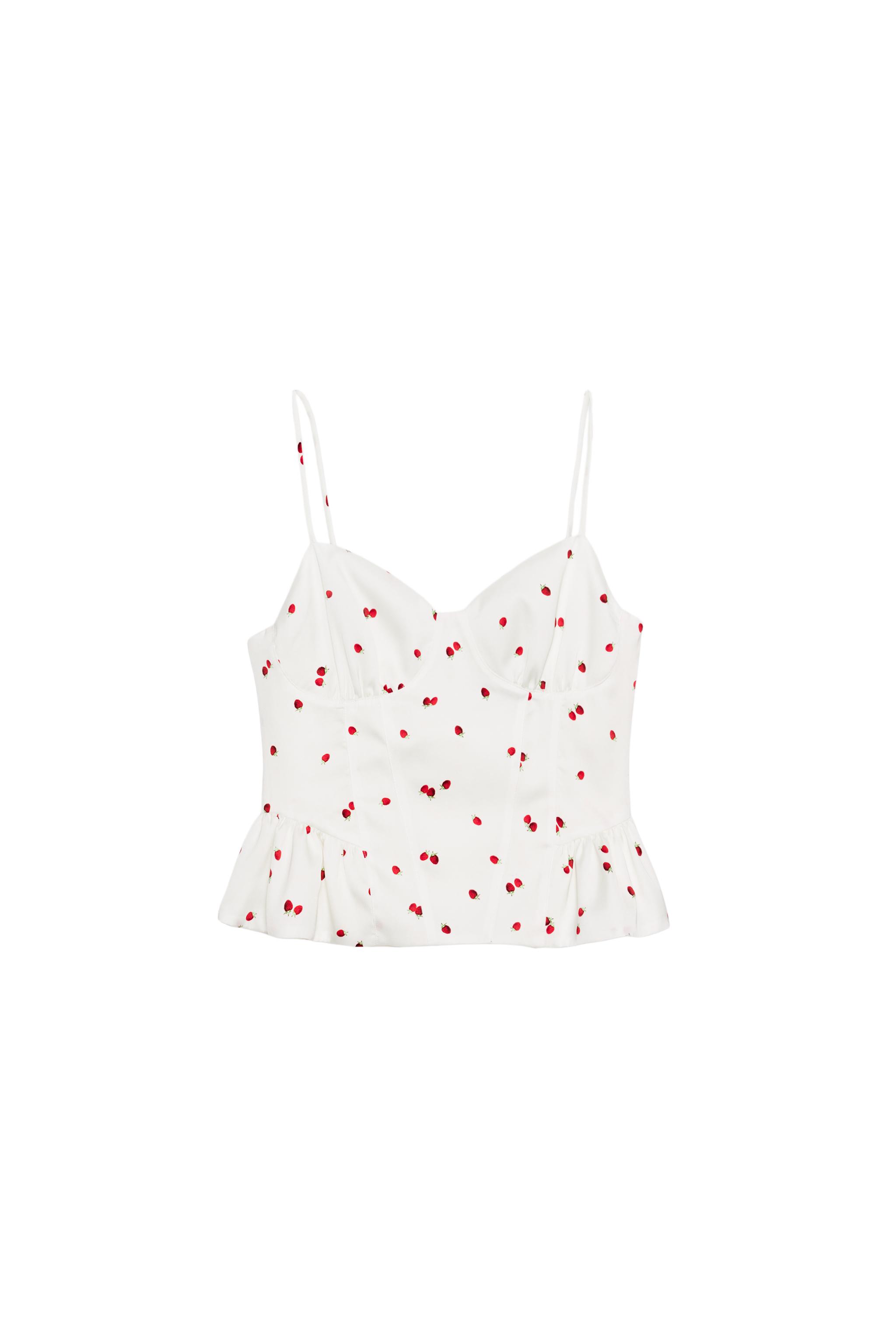 RUFFLED STRAWBERRY SATIN EFFECT TOP - Ecru / Red | ZARA United States