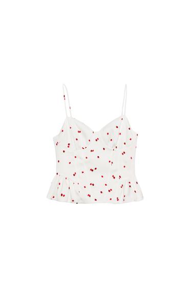 SATÉNOVÝ TOP S VOLÁNMI A JAHODAMI - Krémová / Červená zn. Zara