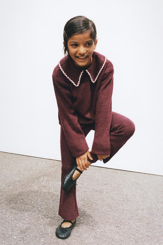 SOFT-TOUCH FLARE KNIT TROUSERS WITH BOWS - Dark burgundy by Zara - Image 0