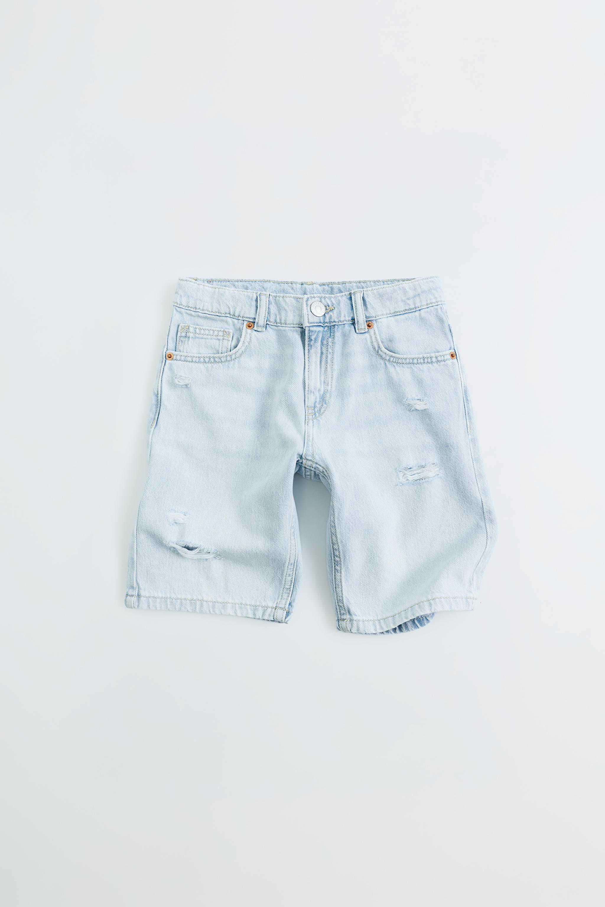 RIPPED STRAIGHT DENIM SHORTS — Light blue