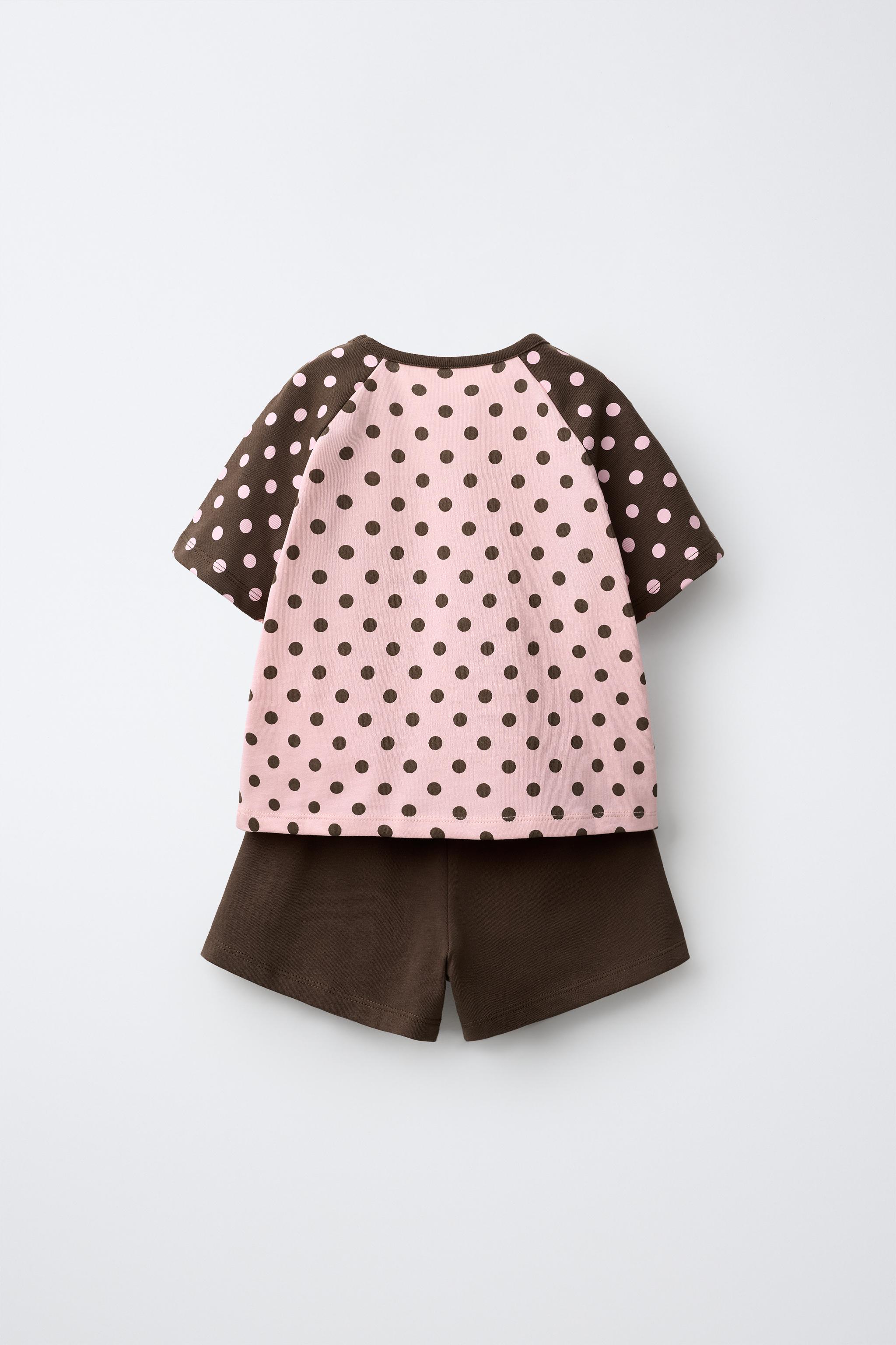 POLKA DOT T-SHIRT AND STRIPED SHORTS SET — Light pink