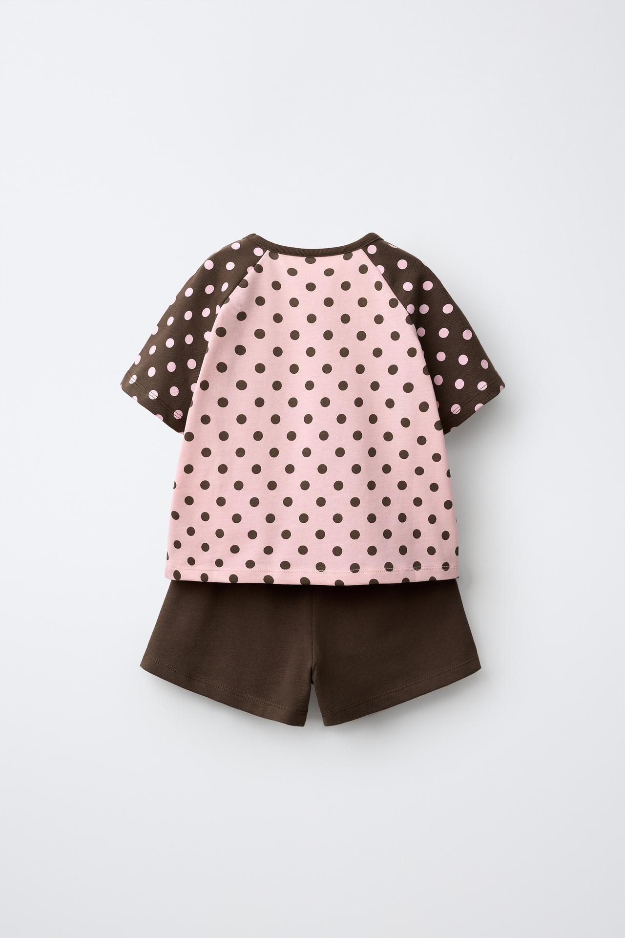 POLKA DOT T-SHIRT AND STRIPED SHORTS SET — Light pink