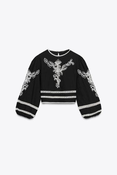 Zara ZW COLLECTION EMBROIDERED BLOUSE - Black
