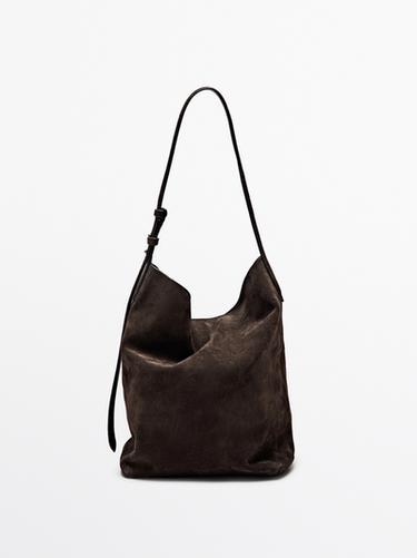 Bolso bucket piel serraje - Marrón de Zara