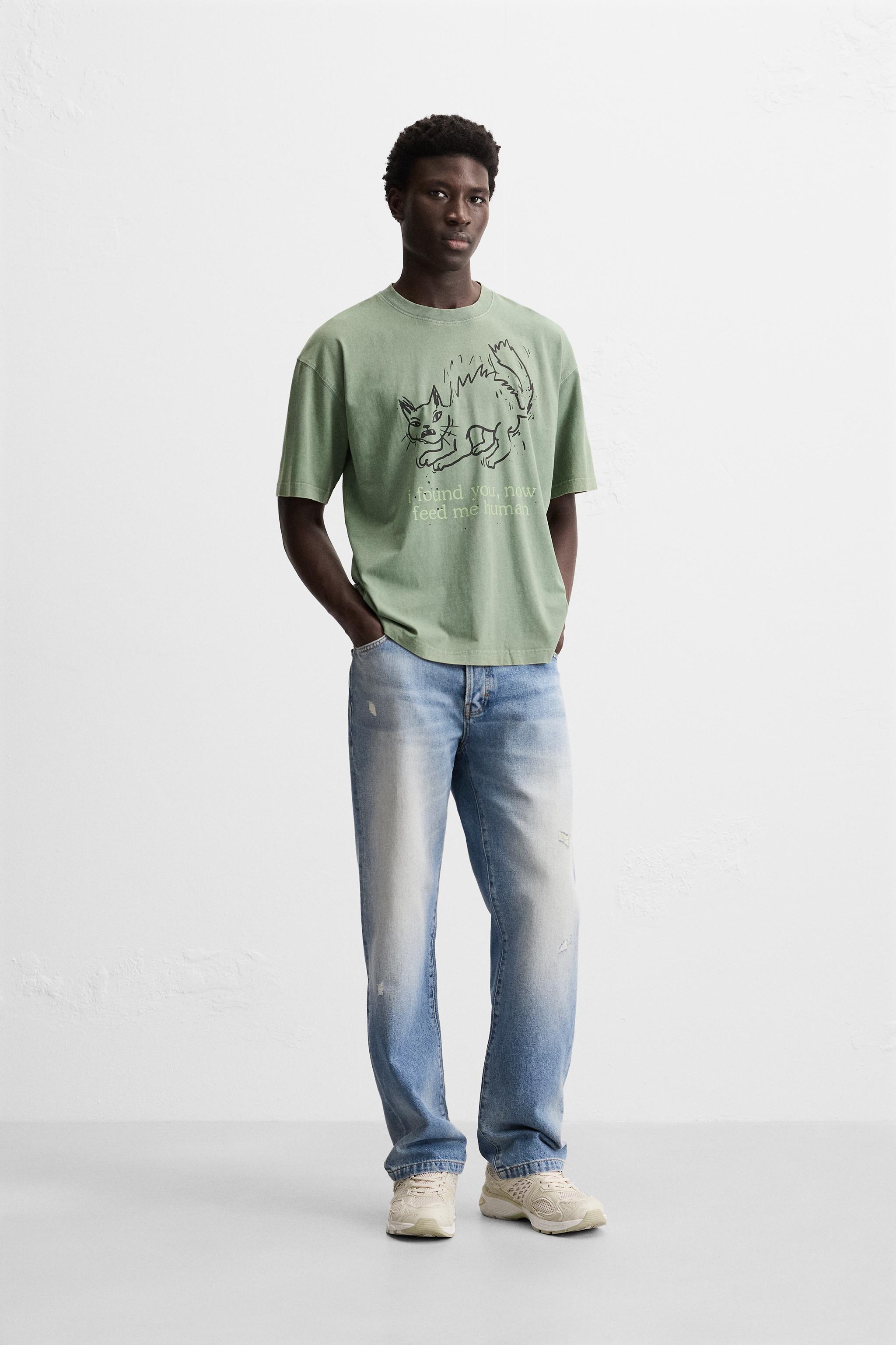 CONTRAST PRINTED T-SHIRT - washed green | ZARA New Zealand