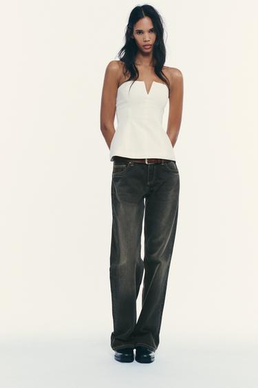 LINEN-EFFECT STRAPLESS TOP - Oyster-white by Zara