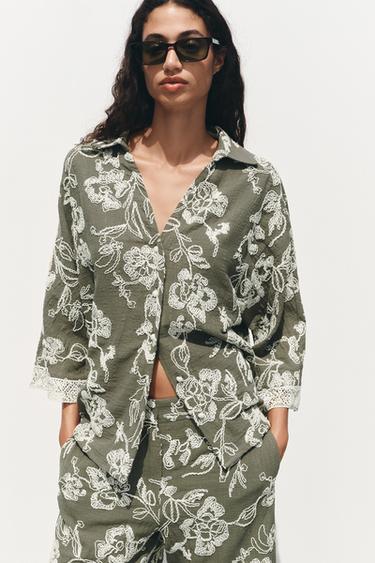 EMBROIDERED SHIRT WITH GUIPURE SLEEVES - ecru/khaki by Zara