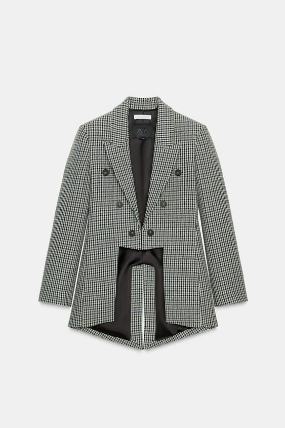 Zara Asymmetric Check Wool Blazer Stone Ref 2086/827/806